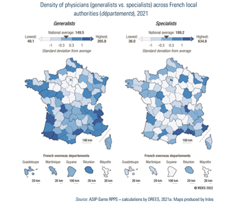 Density of physicians (generalists vs. specialists) across French local authorities (départements), 2021