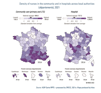 Density of nurses in the community and in hospitals across local authorities (départements), 2021
